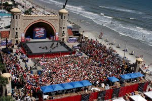 NCA College Nationals is hosted at Daytona beach, Florida every year in April. Hundreds of college teams qualify to compete. 